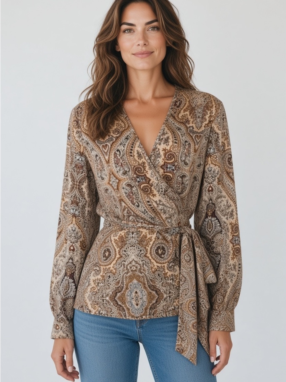 Talbots 100% Silk Paisley Print Long Sleeve Wrap Blouse Sz 12 Vintage